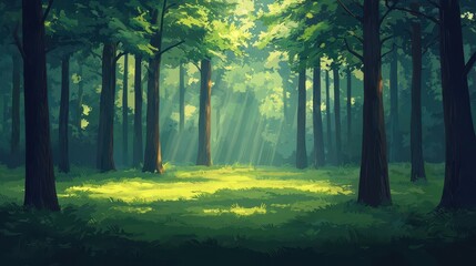 Obraz premium A serene forest scene with sunlight filtering through the trees, casting gentle shadows on a lush green forest floor.