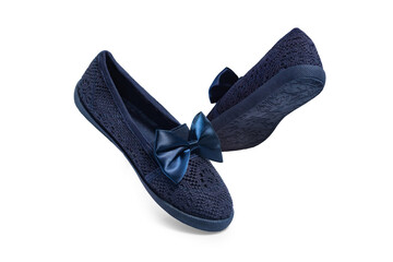 Navy blue girls' ballerinas with bow on white background