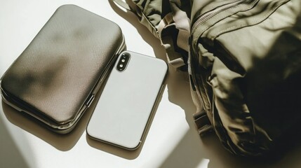 A phone and a case beside a backpack on a surface, suggesting travel or leisure.