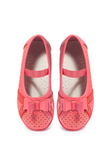 Pink leather girls' ballerinas with bow on white background