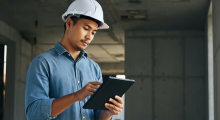 Man wearing a hard hat is looking at a tablet