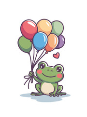 An illustration of a cheerful green frog sitting on the ground. The frog holds a bunch of colorful balloons tied with a string