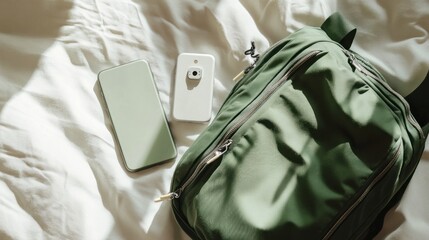 A green backpack, smartphone, and device on a bed, suggesting travel or daily use.