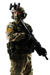 Military soldier with tactical gear and firearm looking alert on white background