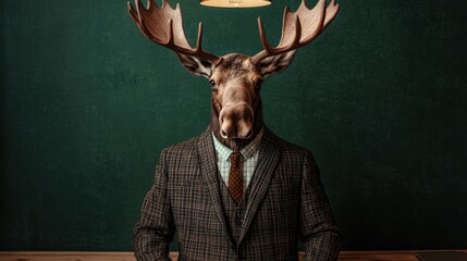 A surreal image depicting a moose dressed in a suit, standing in front of a dark green wall, merging elements of nature and human fashion.
