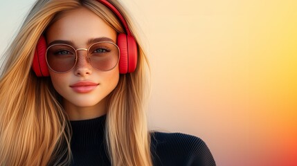 A fashionable young woman enjoys music with vibrant red headphones against a colorful sunset backdrop. She showcases her long hair and trendy sunglasses in a relaxed setting.