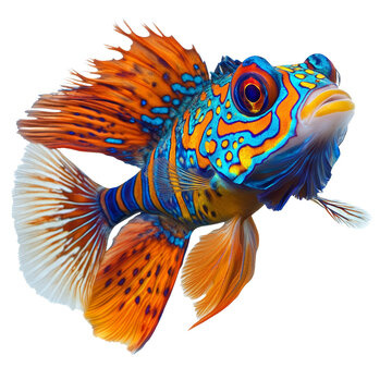 Colorful mandarinfish isolated on a transparent background showcasing vibrant patterns and intricate fin details, Mandarinfish Isolated on transparent background