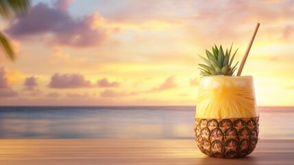 Obraz premium Refreshing Tropical Beverage in a Pineapple Serving on a Sunset Beach with Calm Ocean Waves and Vibrant Skies, Ideal for Summer Drink Promotion and Relaxation Themes