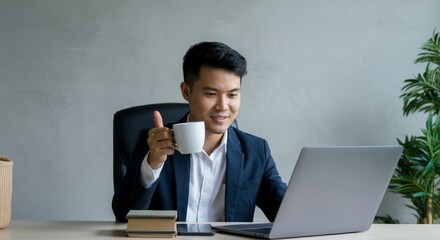 Man is sitting at a desk with a laptop and a cup of coffee