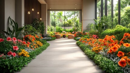Naklejka premium Serene Indoor Garden Path: A Tranquil Oasis of Vibrant Blooms and Lush Greenery