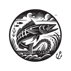 Black Color Barracuda silhouette design Vector Illustration, Solid White Background (8).eps