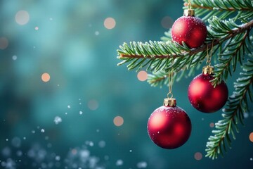 Fototapeta premium Frosted pine branch with colorful Christmas ornaments, ornaments, decoration