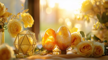 Stylish Easter installation with artisanal painted eggs surrounded by delicate spring flowers on a elegant background. Premium look for business content on social media marketing.