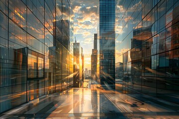 A stunning sunset bathes modern glass skyscrapers in golden light. Reflections of the cityscape dance on the sleek building facades, creating a mesmerizing urban panorama.