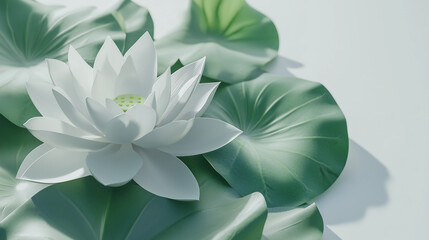 Obraz premium White lotus flower surrounded by green leaves on soft light background