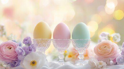 Stylish Easter installation with artisanal painted eggs surrounded by delicate spring flowers on a elegant background. Premium look for business content on social media marketing.