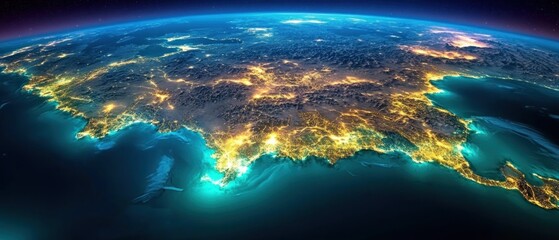 A stunning aerial view of a coastal region illuminated at night.