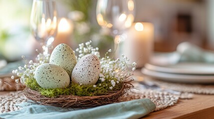 Stylish Easter installation with artisanal painted eggs surrounded by delicate spring flowers on a elegant background. Premium look for business content on social media marketing.