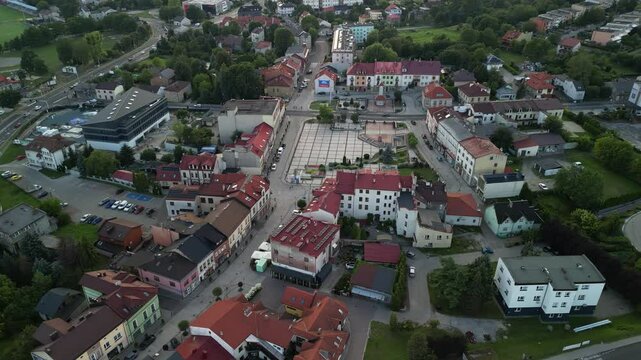 Trzebinia, Lesser Poland, Poland - 20 July 2024: aerial view of town centre and town square of Trzebinia