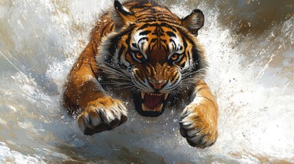 Tiger leaping river, splashing, wildlife, action, nature background, advertising