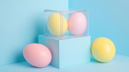 Fototapeta premium Three colorful eggs are displayed in a transparent box resting on a vibrant blue surface, symbolizing Easter celebration.