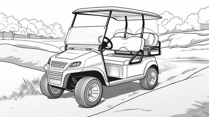 Obraz premium Black and white golf cart illustration on path. Neural network AI generated