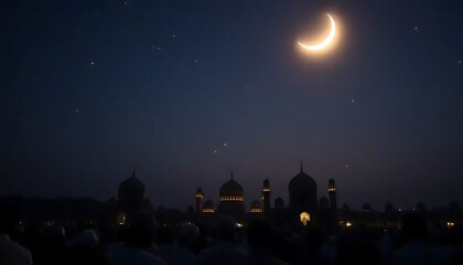 Obraz premium Crescent Moon Lights Mosque At Night With People