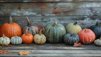 Autumnal Harvest: Seasonal Pumpkin Collection with Natural Wooden Table