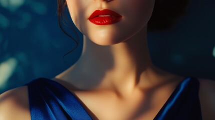 A shot a woman in a deep blue evening dress, highlighted by vibrant red lips and a soft shadowed background.