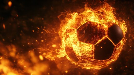 A flaming soccer ball surrounded by fiery effects, symbolizing energy and passion for sports.