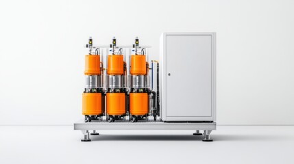 Industrial Equipment with Orange Tanks and White Cabinet in a Modern Production Facility Setting