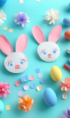Two cute paper bunnies with cheerful bunny faces, perfect for celebrating Easter festivities.