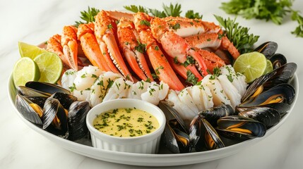 A colorful seafood platter featuring steamed mussels, clams, and king crab legs, surrounded by herbs and slices of lime, served on a large white dish with a dipping bowl of garlic butter.