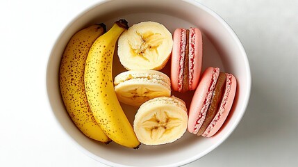   A bowl of food with bananas and macaroni & cheese on its side
