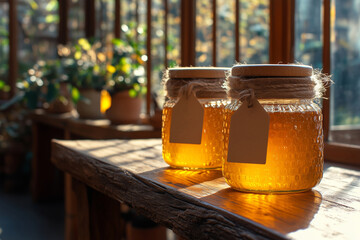 Artisanal honey jars with handwritten labels glowing in the warm sunlight