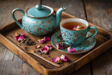 vintage blue and gold tea set on wooden tray with dried flowers