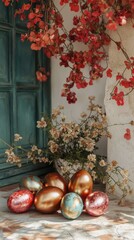 Fototapeta premium Festive Easter arrangement with collectible decorative eggs and seasonal flowers on an exquisite background. Ideal template for professional marketing.