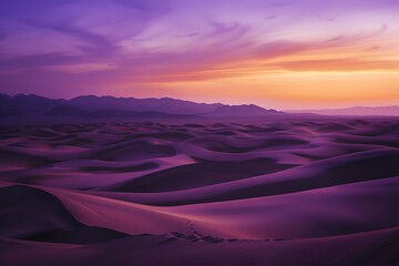 Fototapeta premium Sunset casts vibrant purple hues across rolling sand dunes and distant mountains. A serene, picturesque desert landscape at twilight.