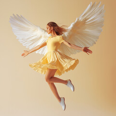 young girl angel, with white big wings, in a light yellow dress, soars in the air