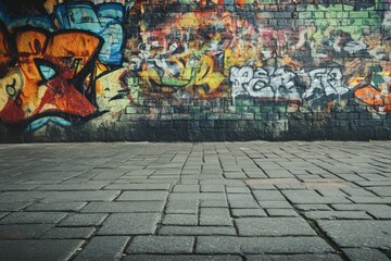 Fototapeta premium Vibrant urban street art with cobbled alleyway. Neural network AI generated