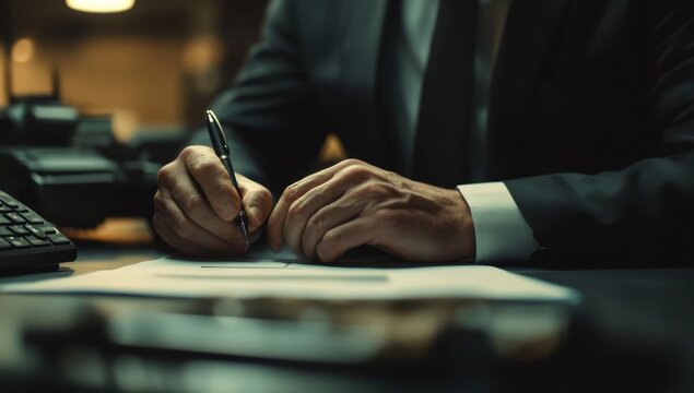 A businessman in a suit is signing a contract on the table, with the focus on the hand with a pen and paper in an office Generative AI