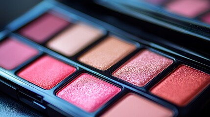 Close-up of a makeup palette featuring various pink and beige eyeshadow shades in black compact