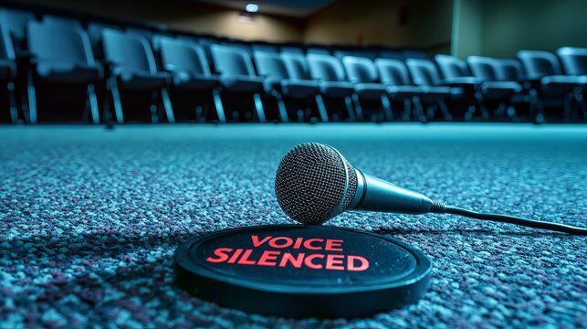 A close-up of a microphone lying on a carpeted floor beside a prominently displayed sign reading 'VOICE SILENCED'.