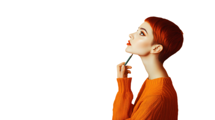 woman thinking, isolated, transparent, png, background, cut out