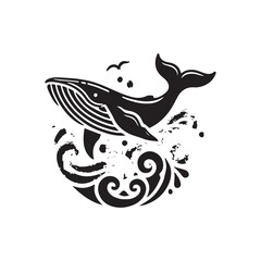 Black Color Blue Whale silhouette design Vector Illustration, Solid White Background (6).eps