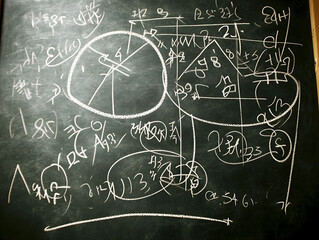 Intricate chalk diagrams and equations cover a dark green chalkboard, creating a visually captivating image perfect for education, problemsolving, or brainstorming concepts.