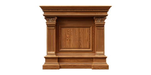 Ornate wooden fireplace mantel with columns isolated on transparent background