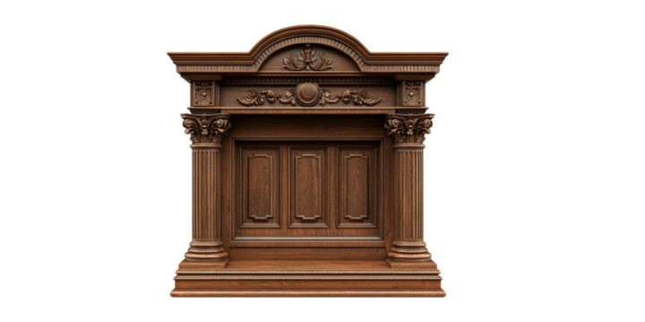 Ornate wooden fireplace mantel with classical columns isolated on transparent background