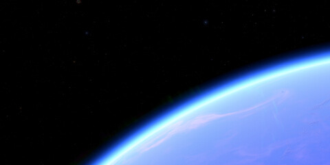 Earth horizon view from space with starry background and curved atmosphere