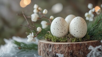 Fototapeta premium Elegant Easter composition with artisanal decorated eggs and fresh spring flowers on a trendy background. Perfect for social media marketing and business.